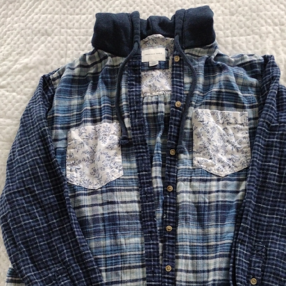 American Eagle Blue Plaid Shirt with Floral Accents